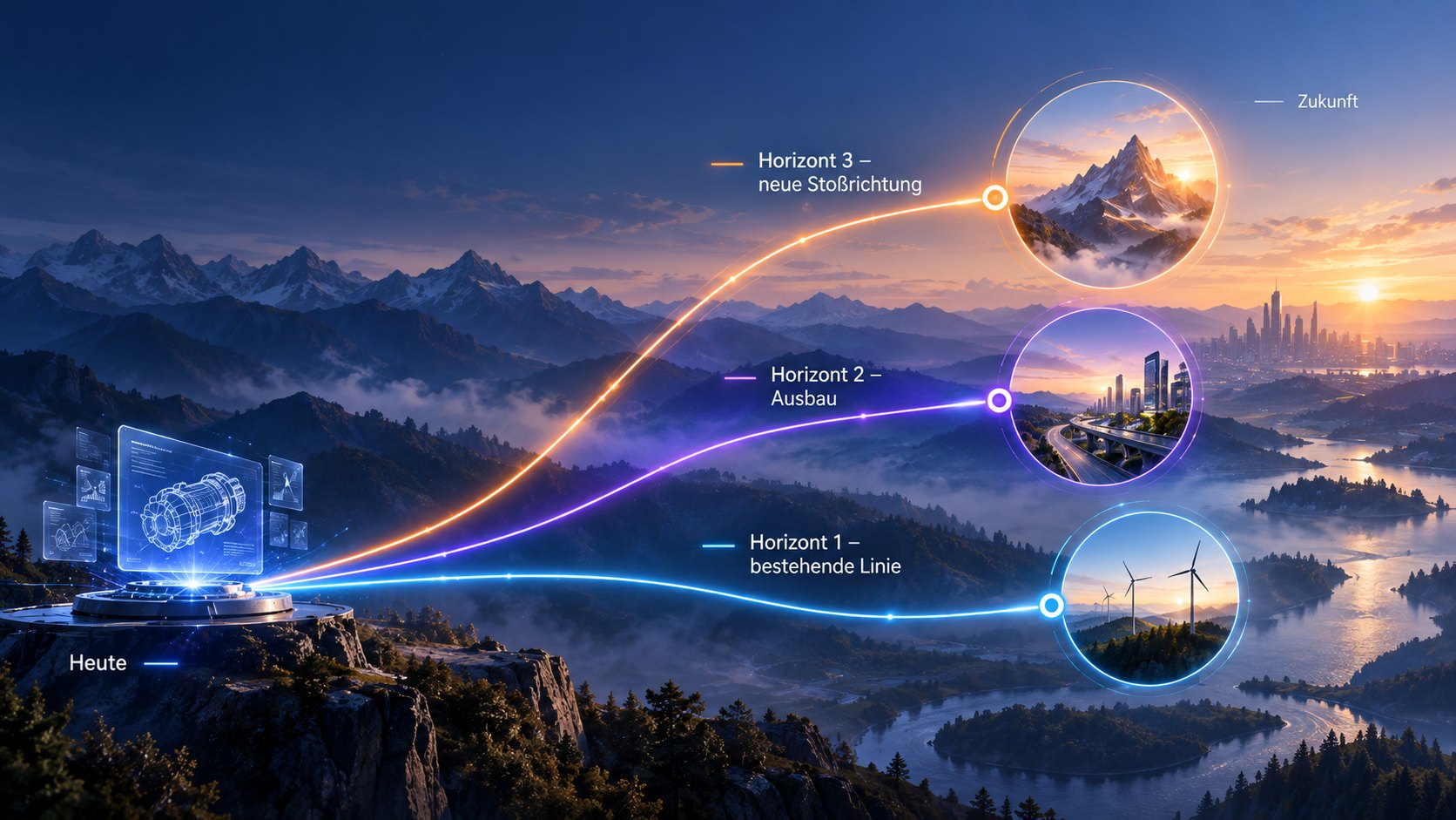 Vom heutigen System führen drei leuchtende Pfade in die Zukunft: Horizont 1 bestehende Linie, Horizont 2 Ausbau, Horizont 3 neue Stoßrichtung.