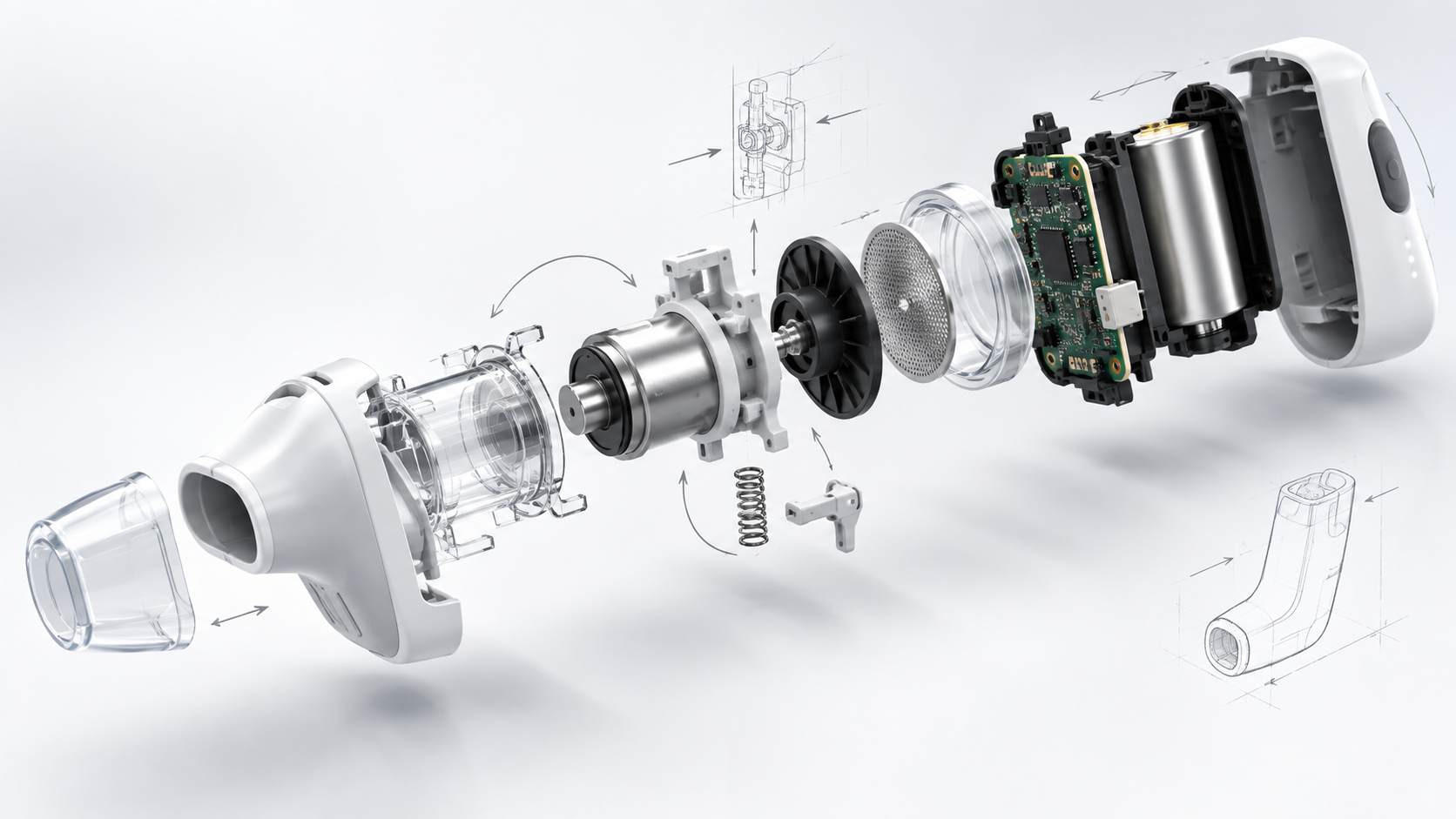 Explosionsdarstellung eines technischen Produkts mit Mechanik, Elektronik und Gehäusekomponenten.
