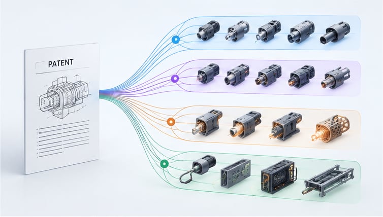 A patent document branches into rows of alternative technical solutions in four groups: same, modified and different working principle, and environment & supersystem.