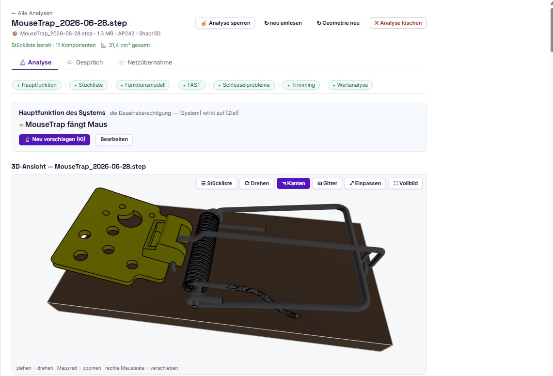 inventMAP-Funktionsanalyse: eingelesenes STEP-Modell mit 3D-Ansicht, Stückliste mit 11 Komponenten, benannte Hauptfunktion des Systems und Reiter für Funktionsmodell, FAST, Schlüsselprobleme, Trimming und Wertanalyse.