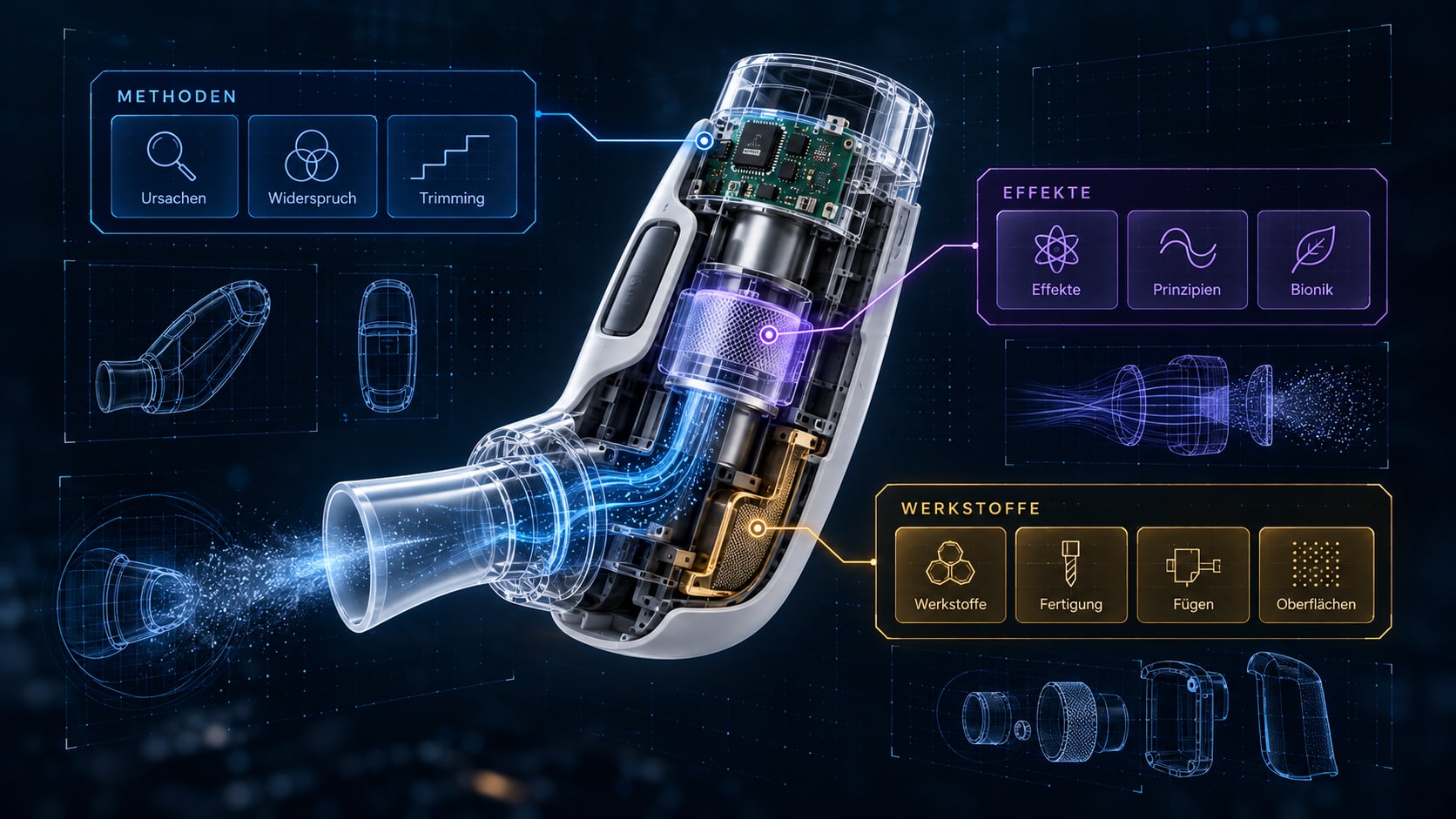 Illustration einer technischen Produktbaugruppe mit eingeblendeten Wissensbausteinen zu Methoden, Effekten und Werkstoffen.