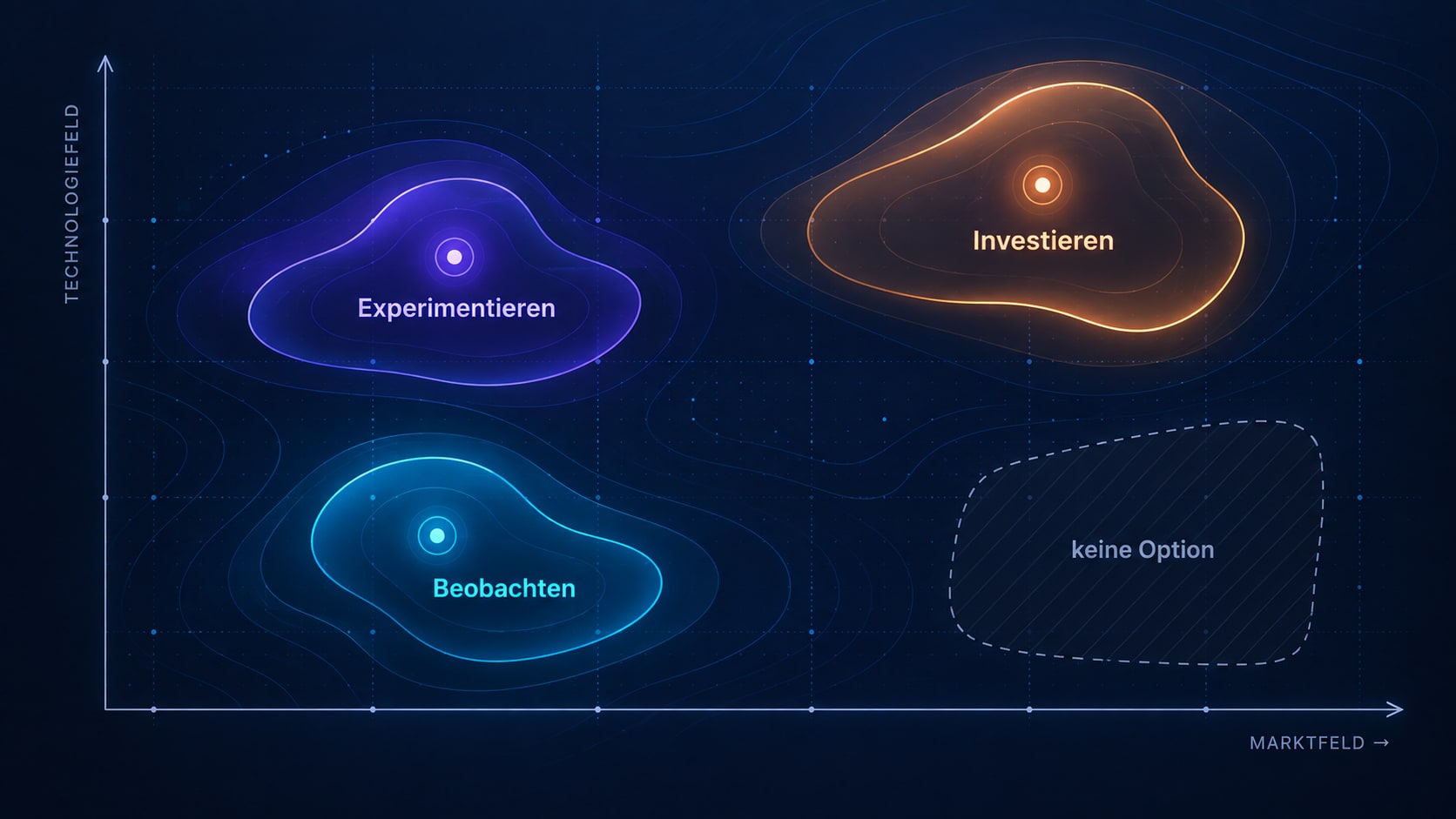 Strategische Entscheidungslandschaft mit den vier Zuständen Investieren, Experimentieren, Beobachten und keine Option.